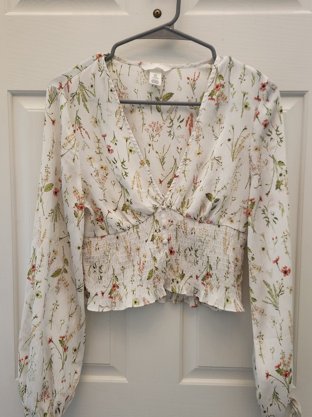 H&M Floral Smocked V-Neck Crop Top - White with Green & Pink Floral
